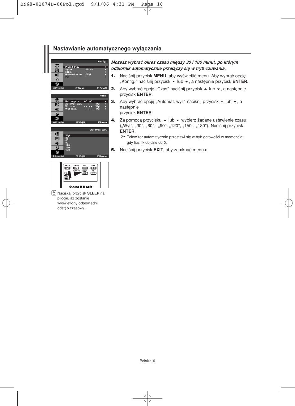 Nastawianie automatycznego wy∏àczania | Samsung LE19R71W User Manual | Page 68 / 203