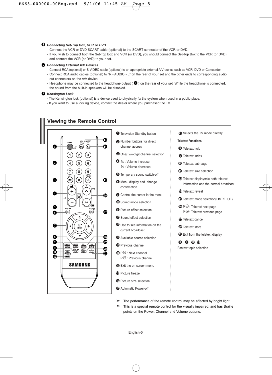 Viewing the remote control | Samsung LE19R71W User Manual | Page 7 / 203