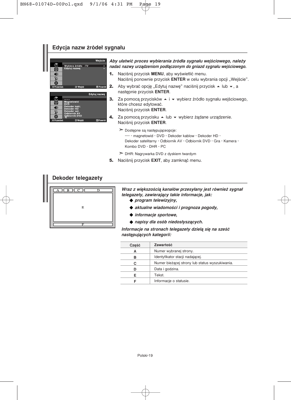 Dekoder telegazety, Edycja nazw êróde∏ sygna∏u | Samsung LE19R71W User Manual | Page 71 / 203