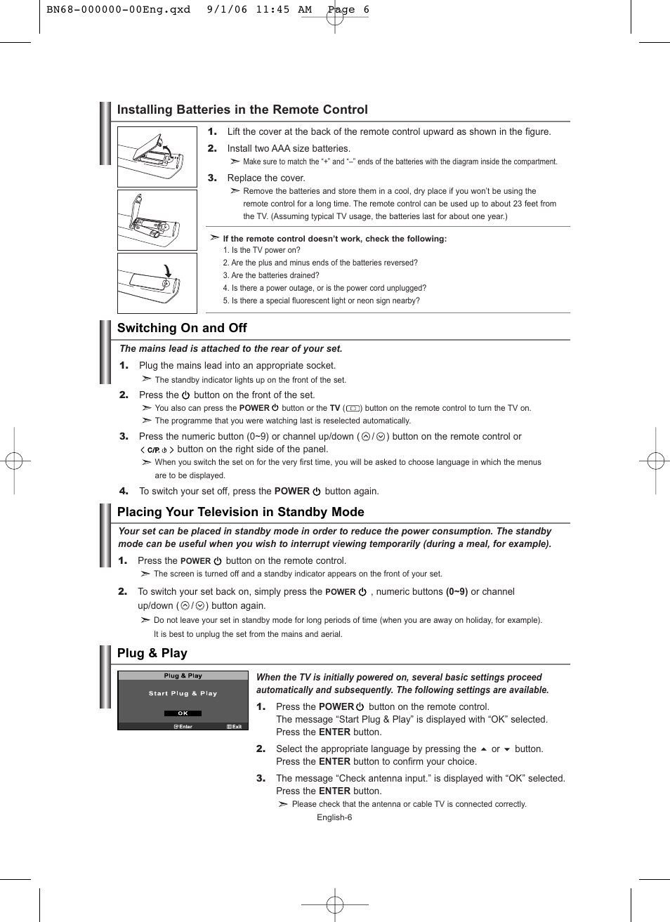 Installing batteries in the remote control, Switching on and off, Placing your television in standby mode | Plug & play | Samsung LE19R71W User Manual | Page 8 / 203