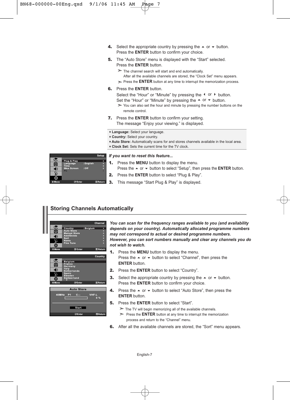 Setting the channels, Storing channels automatically | Samsung LE19R71W User Manual | Page 9 / 203