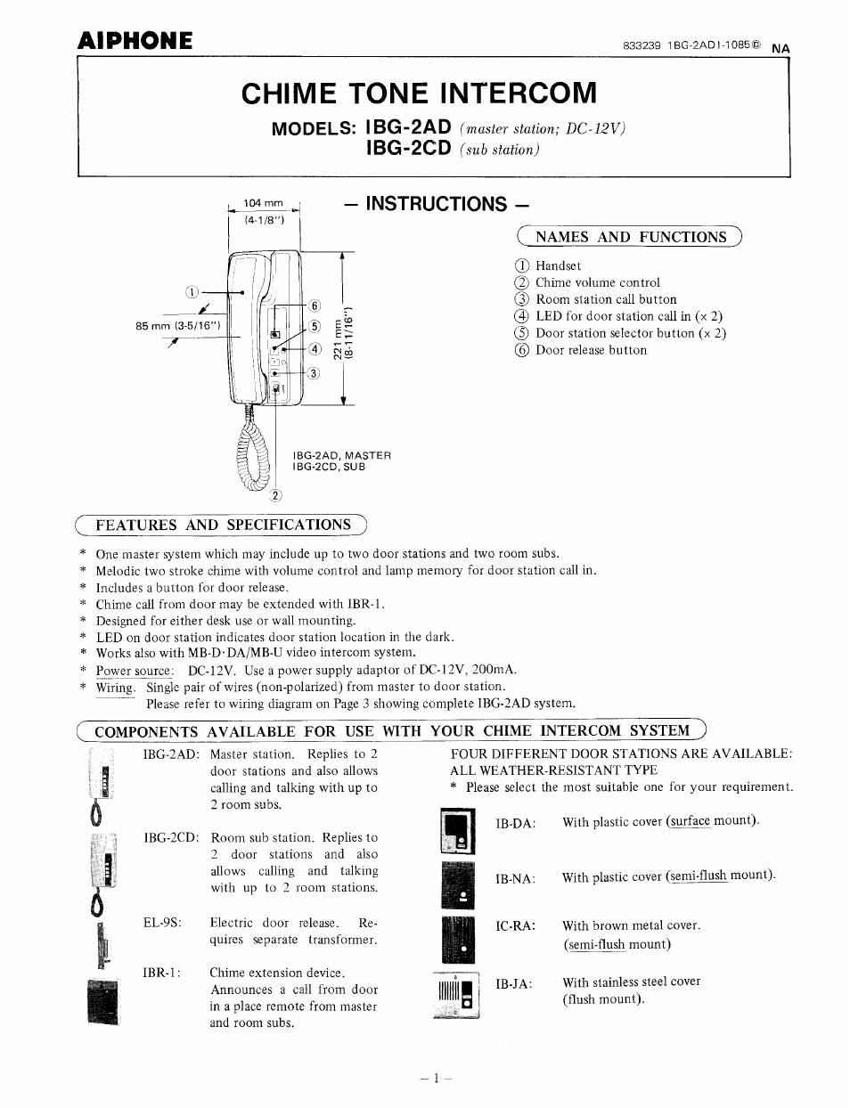 Aiphone IBG-2AD User Manual | 4 pages