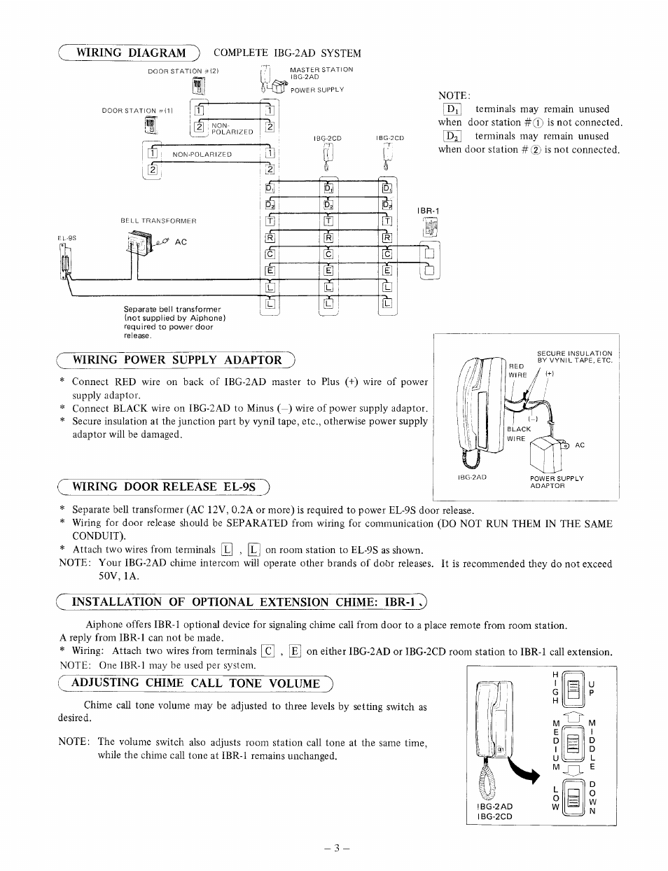 Wiring power supply adaptor, Wiring door release el-9s, Installation of optional extension chime: ibrtq | Adjusting chime call tone volume ), Wiring diagram | Aiphone IBG-2AD User Manual | Page 3 / 4