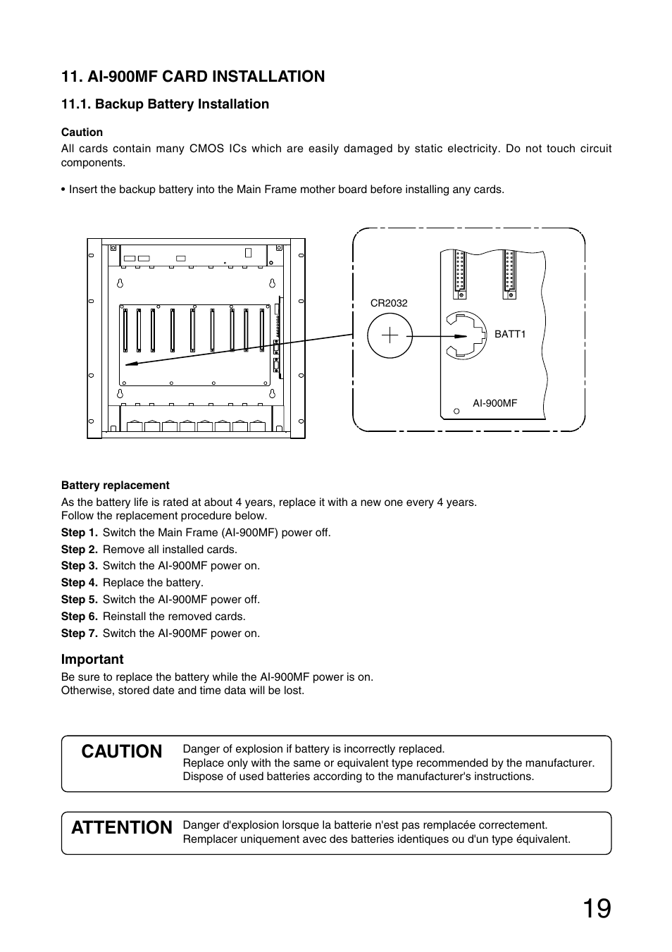 Caution, Attention, Ai-900mf card installation | Aiphone AI-900 User Manual | Page 19 / 48