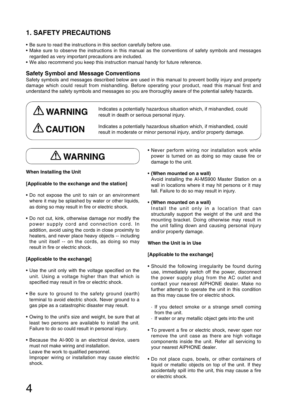 Warning, Caution warning, Safety precautions | Aiphone AI-900 User Manual | Page 4 / 48