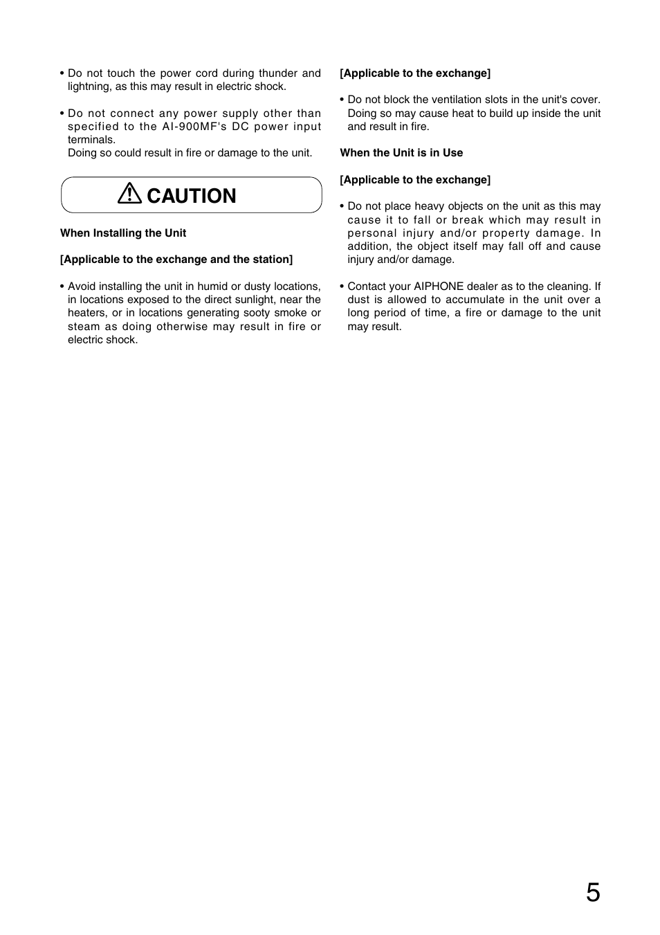 Caution | Aiphone AI-900 User Manual | Page 5 / 48