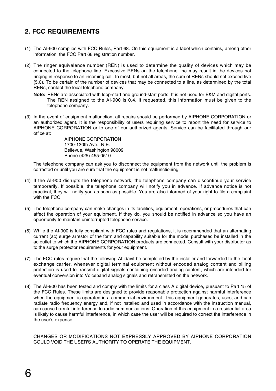 Fcc requirements | Aiphone AI-900 User Manual | Page 6 / 48