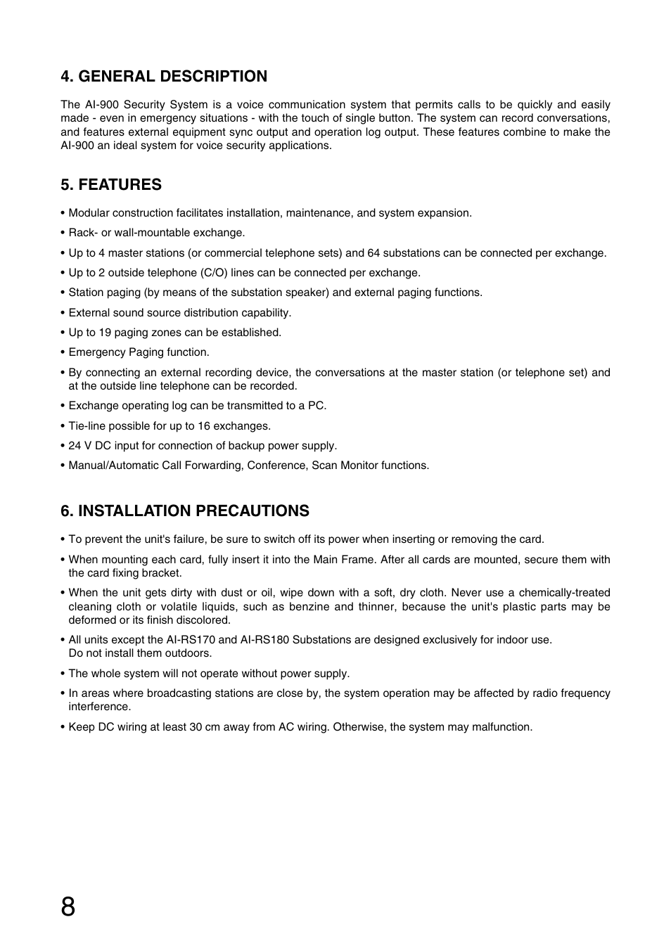 General description, Features, Installation precautions | Aiphone AI-900 User Manual | Page 8 / 48
