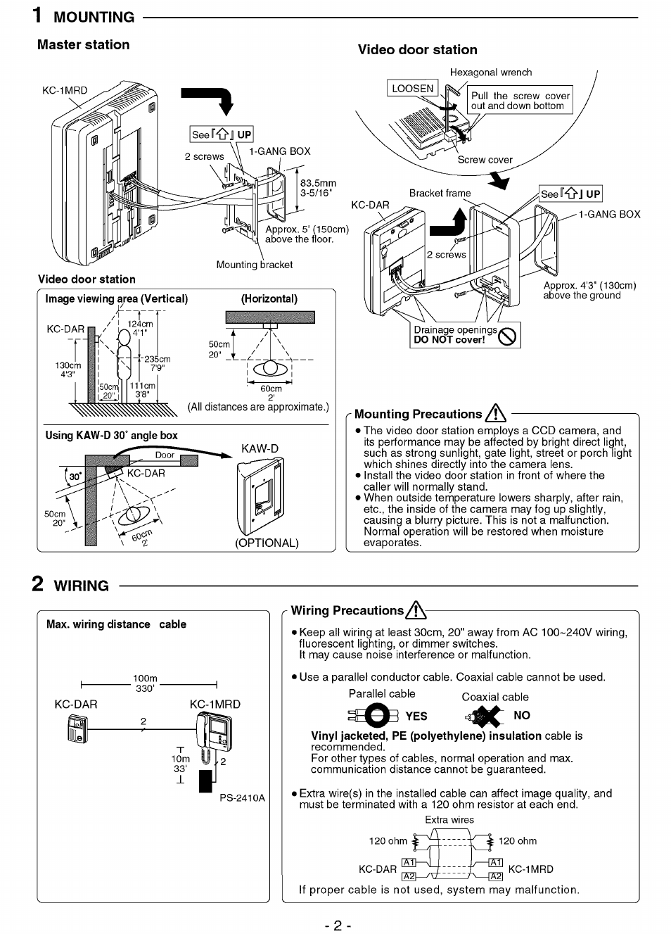 1 mounting, Master station, Video door station | 2 wiring, Mounting, Wiring | Aiphone KC-1MRD User Manual | Page 2 / 4