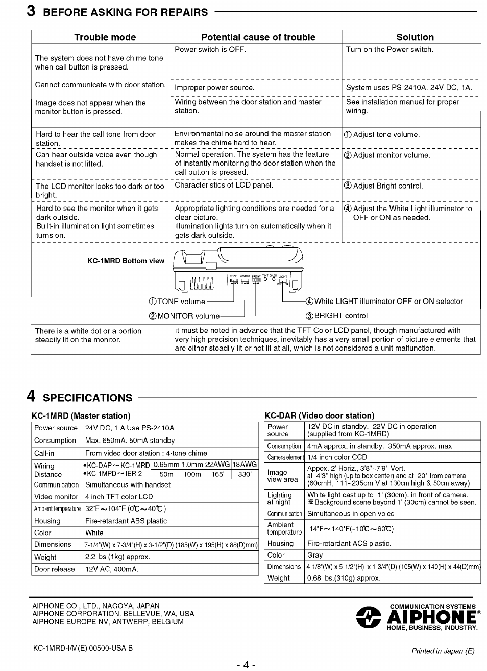 3 before asking for repairs, 4 specifications, Alphone | Before asking for repairs, Specifications | Aiphone KC-1MRD User Manual | Page 4 / 4
