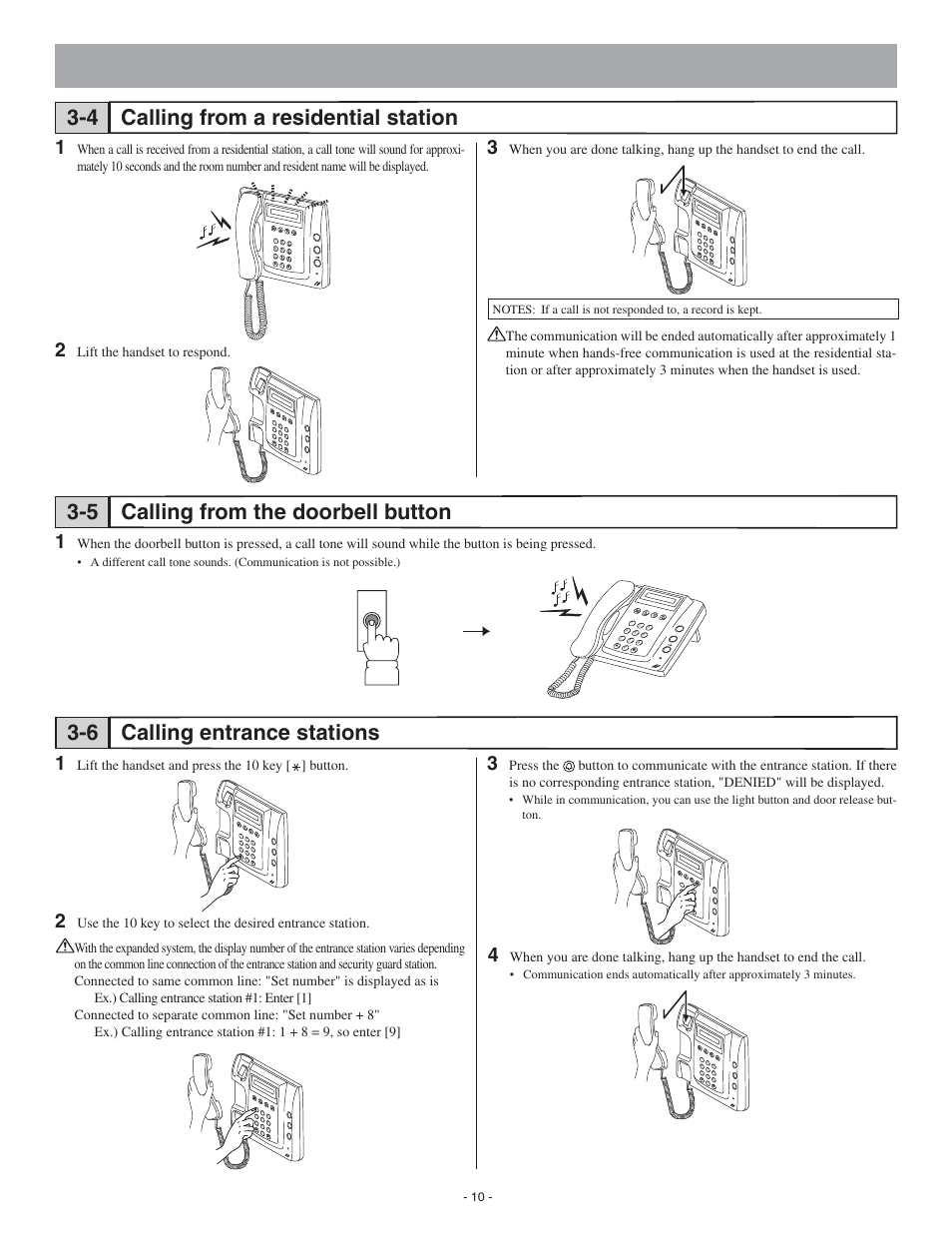 Calling from a residential station 3-4, Calling from the doorbell button 3-5, Calling entrance stations 3-6 | Aiphone 0311 A OI User Manual | Page 10 / 25