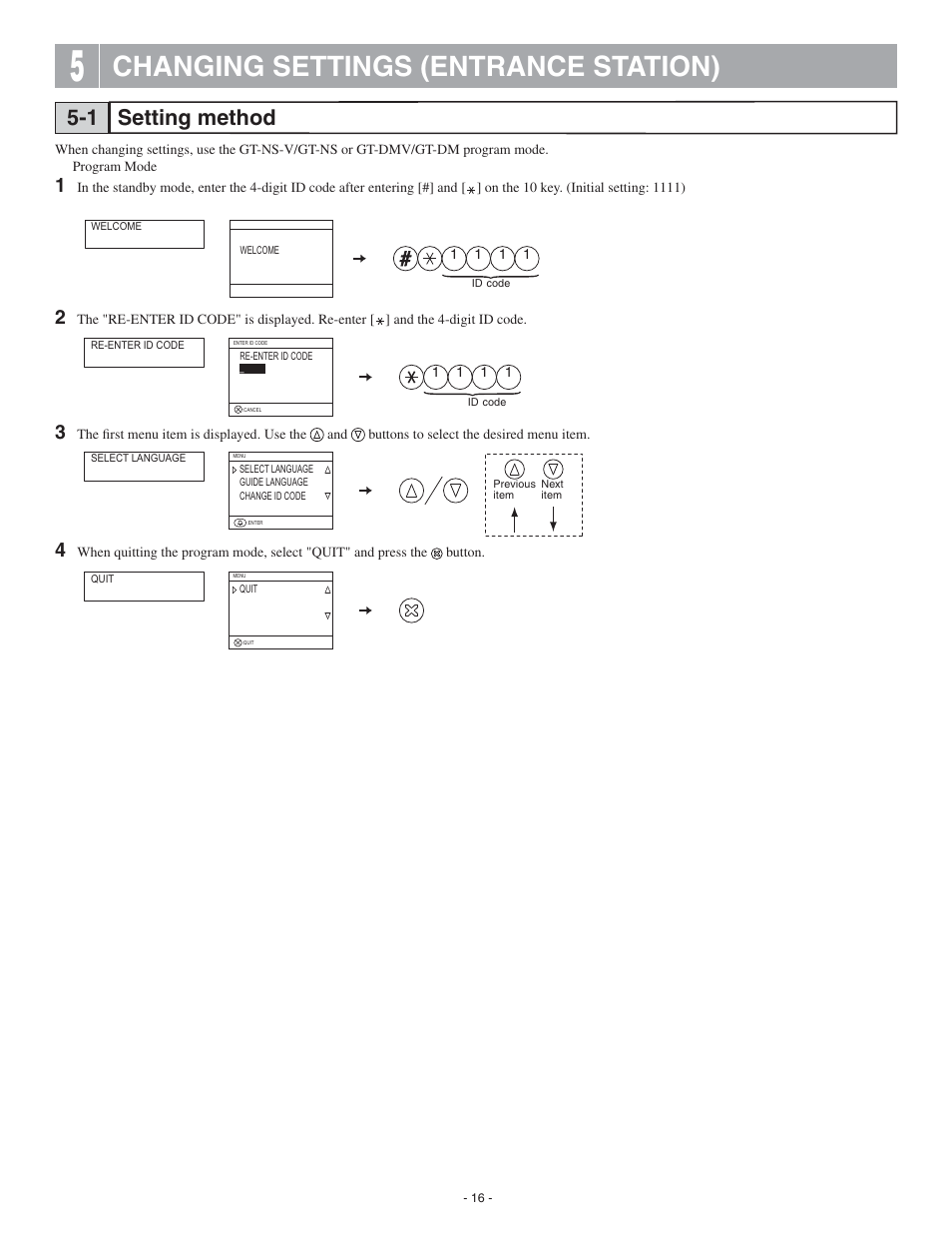 Changing settings (entrance station), Setting method 5-1 | Aiphone 0311 A OI User Manual | Page 16 / 25