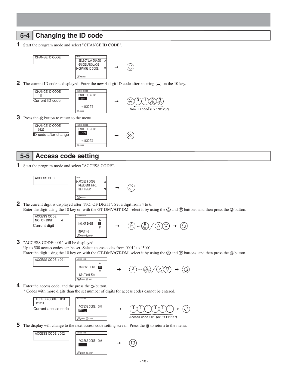 Changing the id code access code setting 5-4 5-5 | Aiphone 0311 A OI User Manual | Page 18 / 25