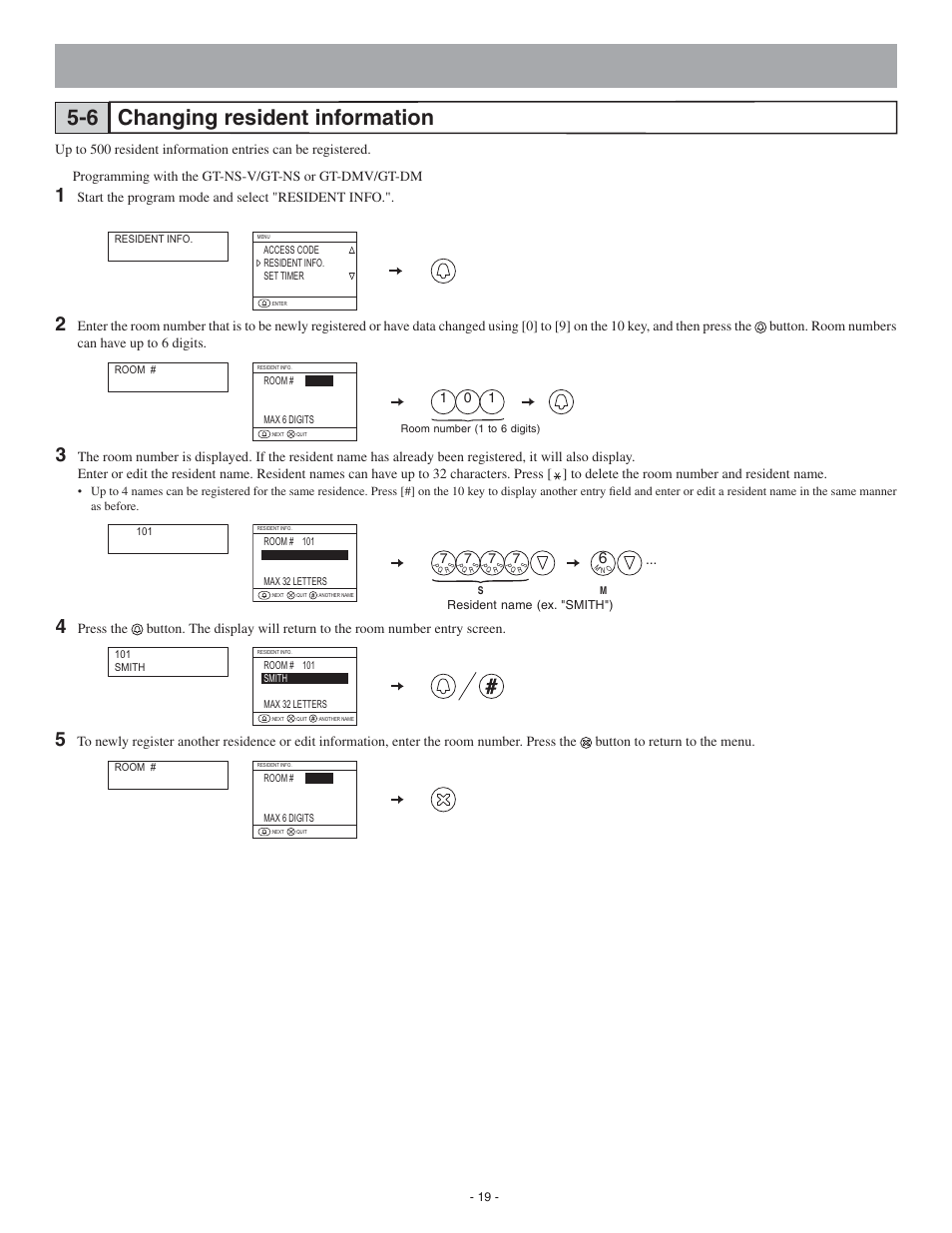 Changing resident information 5-6, Start the program mode and select "resident info | Aiphone 0311 A OI User Manual | Page 19 / 25