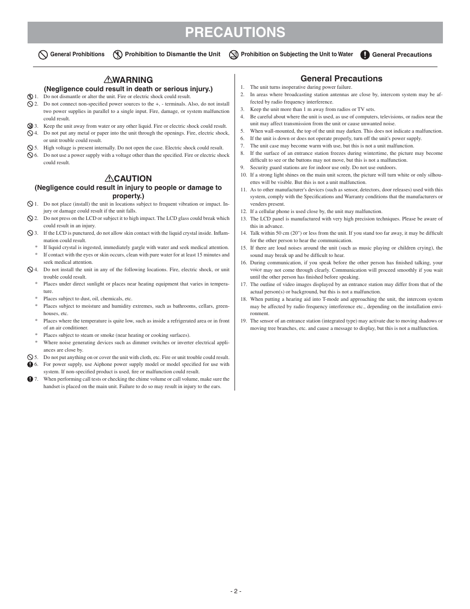 Precautions, Warning, Caution | General precautions | Aiphone 0311 A OI User Manual | Page 2 / 25