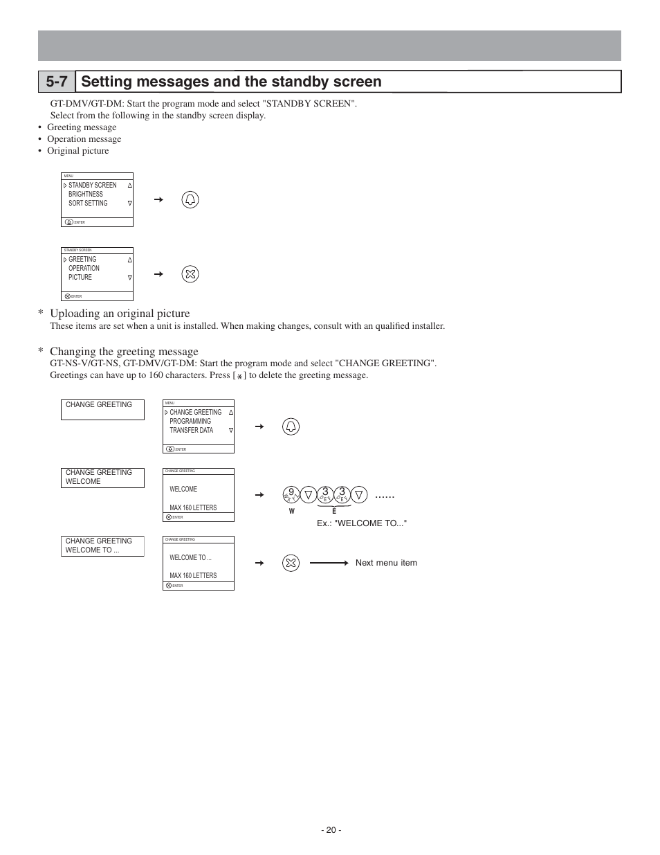 Setting messages and the standby screen 5-7, Uploading an original picture, Changing the greeting message | Aiphone 0311 A OI User Manual | Page 20 / 25