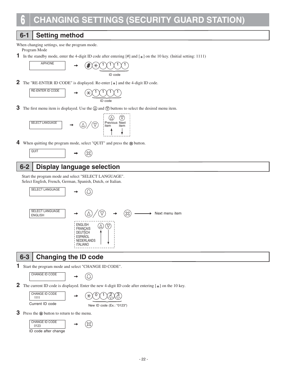 Changing settings (security guard station), Setting method 6-1 | Aiphone 0311 A OI User Manual | Page 22 / 25