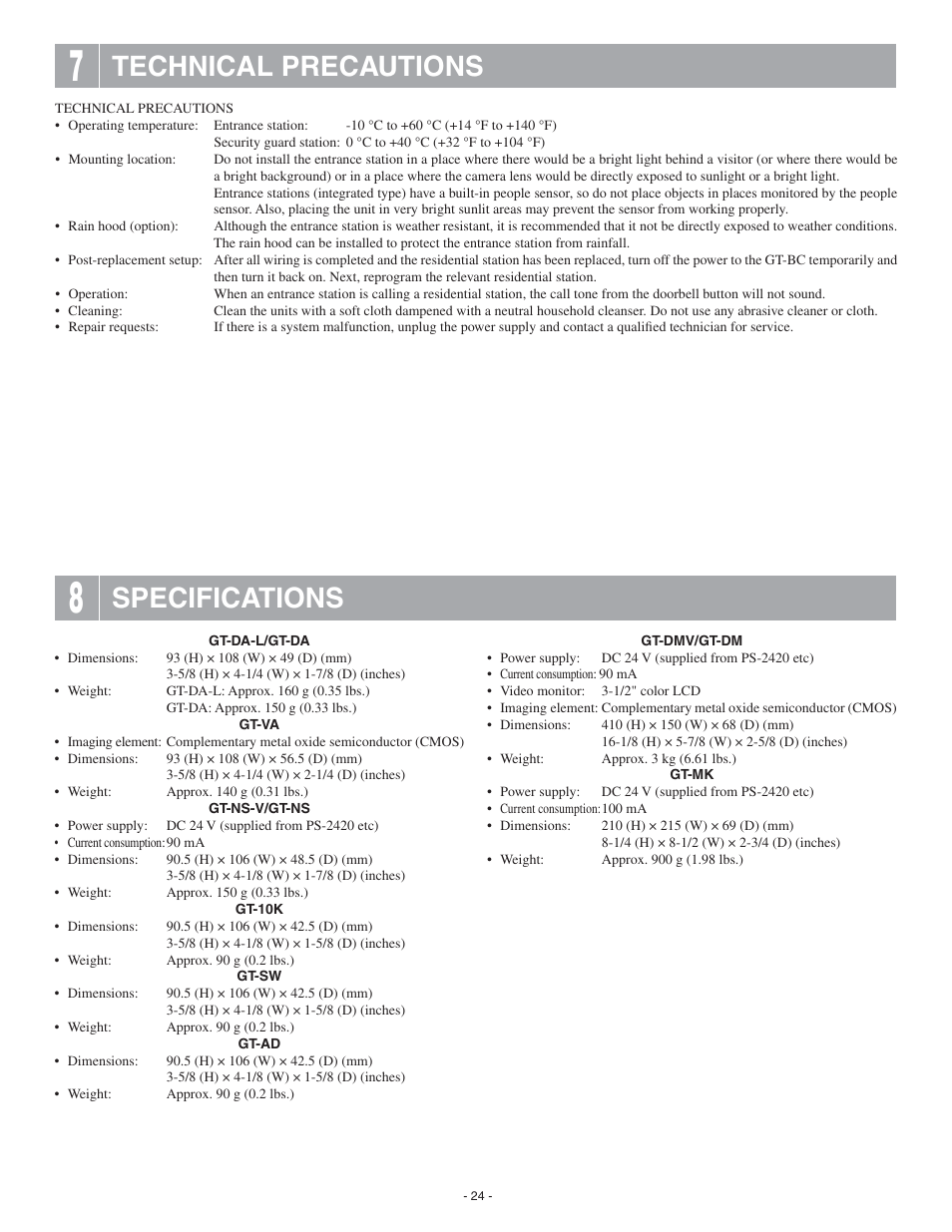 Technical precautions, Specifications | Aiphone 0311 A OI User Manual | Page 24 / 25