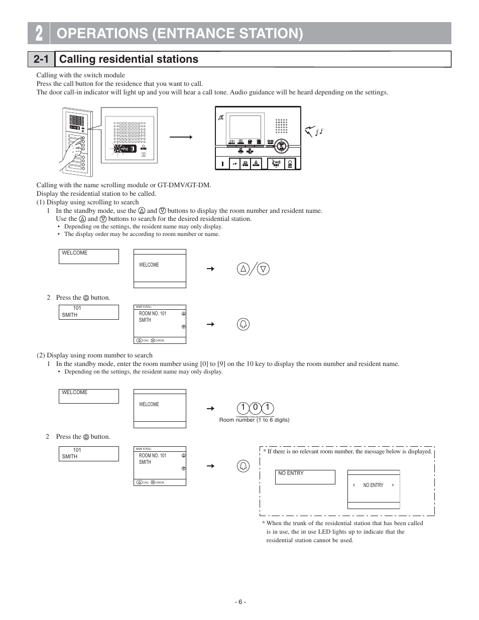 Operations (entrance station), Calling residential stations 2-1 | Aiphone 0311 A OI User Manual | Page 6 / 25