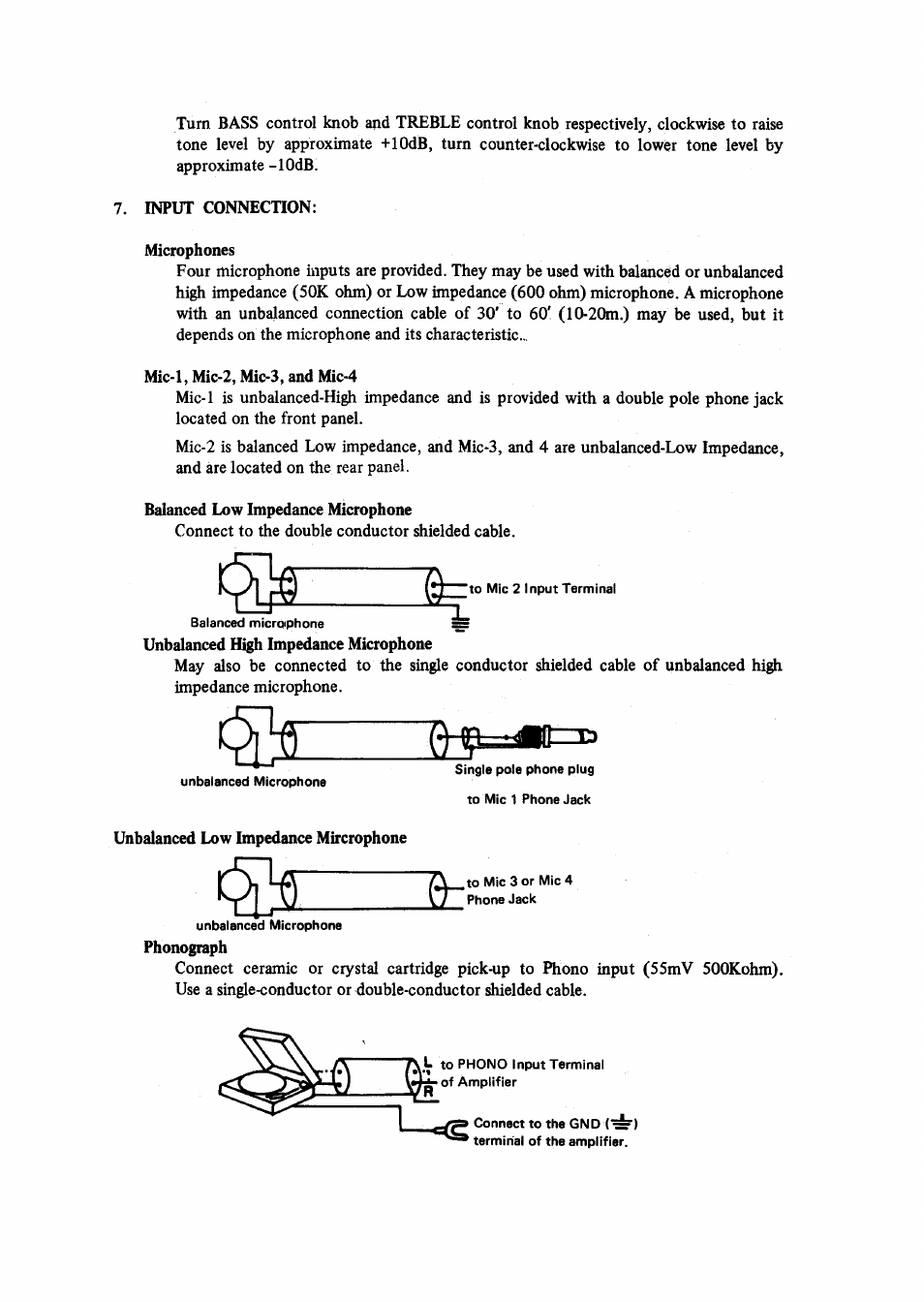 Input connection, Microphones, Mic-1, mic-2, mic-3, and mic-4 | Balanced low impedance microphone, Unbalanced low impedance mircrophone | Aiphone PM-30 User Manual | Page 6 / 9