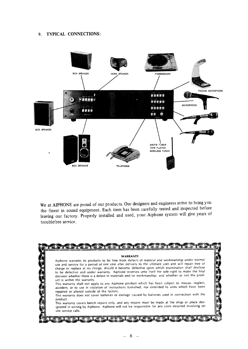 Typical connections, Warranty | Aiphone PM-30 User Manual | Page 9 / 9