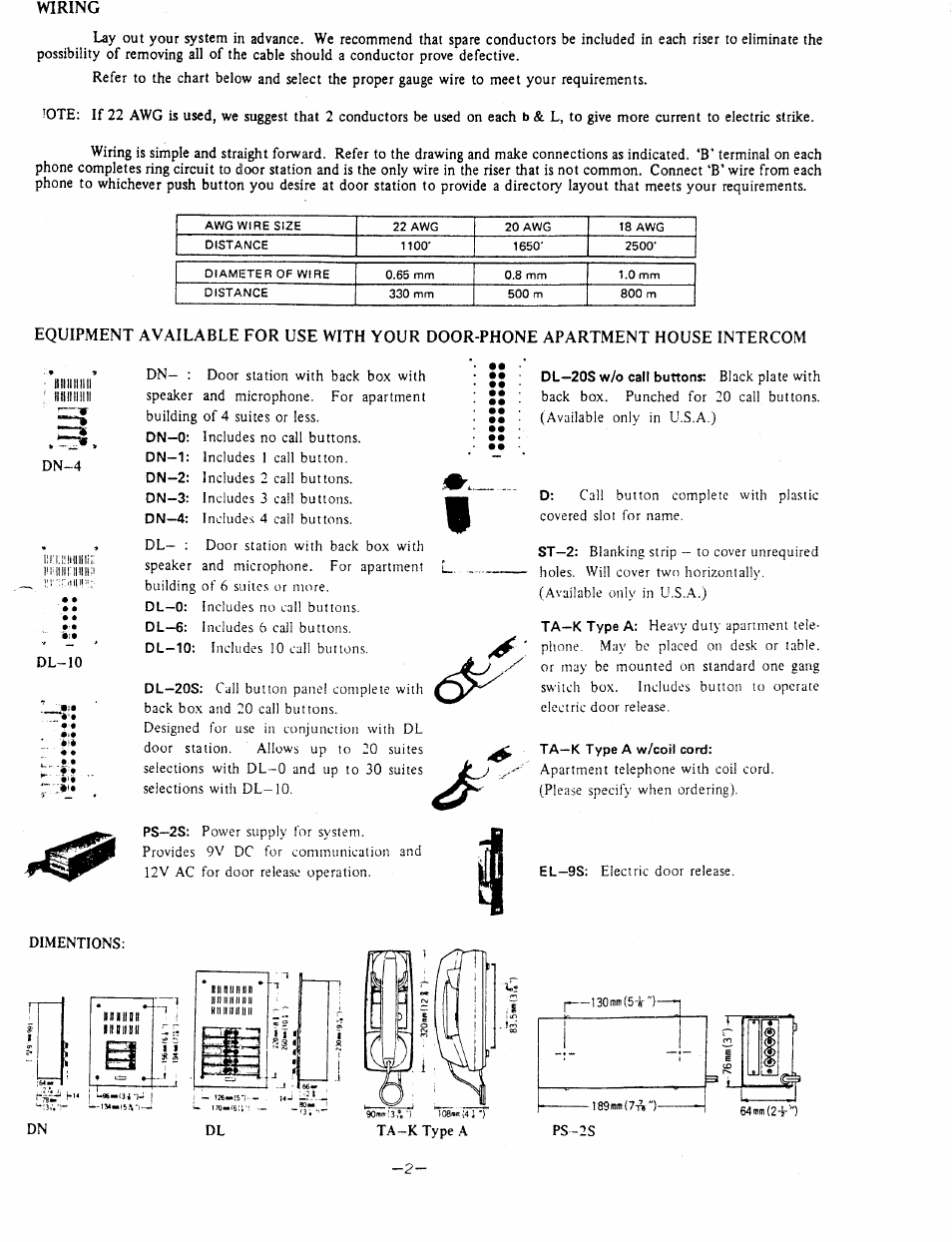 Wiring | Aiphone DL-10 User Manual | Page 2 / 4