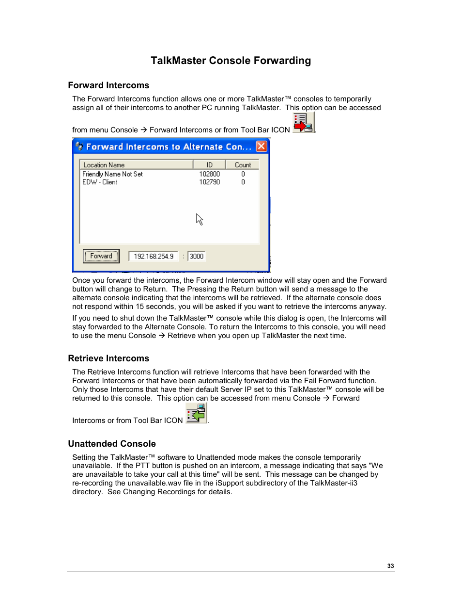 Talkmaster console forwarding | Aiphone TALKMASTER IP EWST-POE User Manual | Page 37 / 60