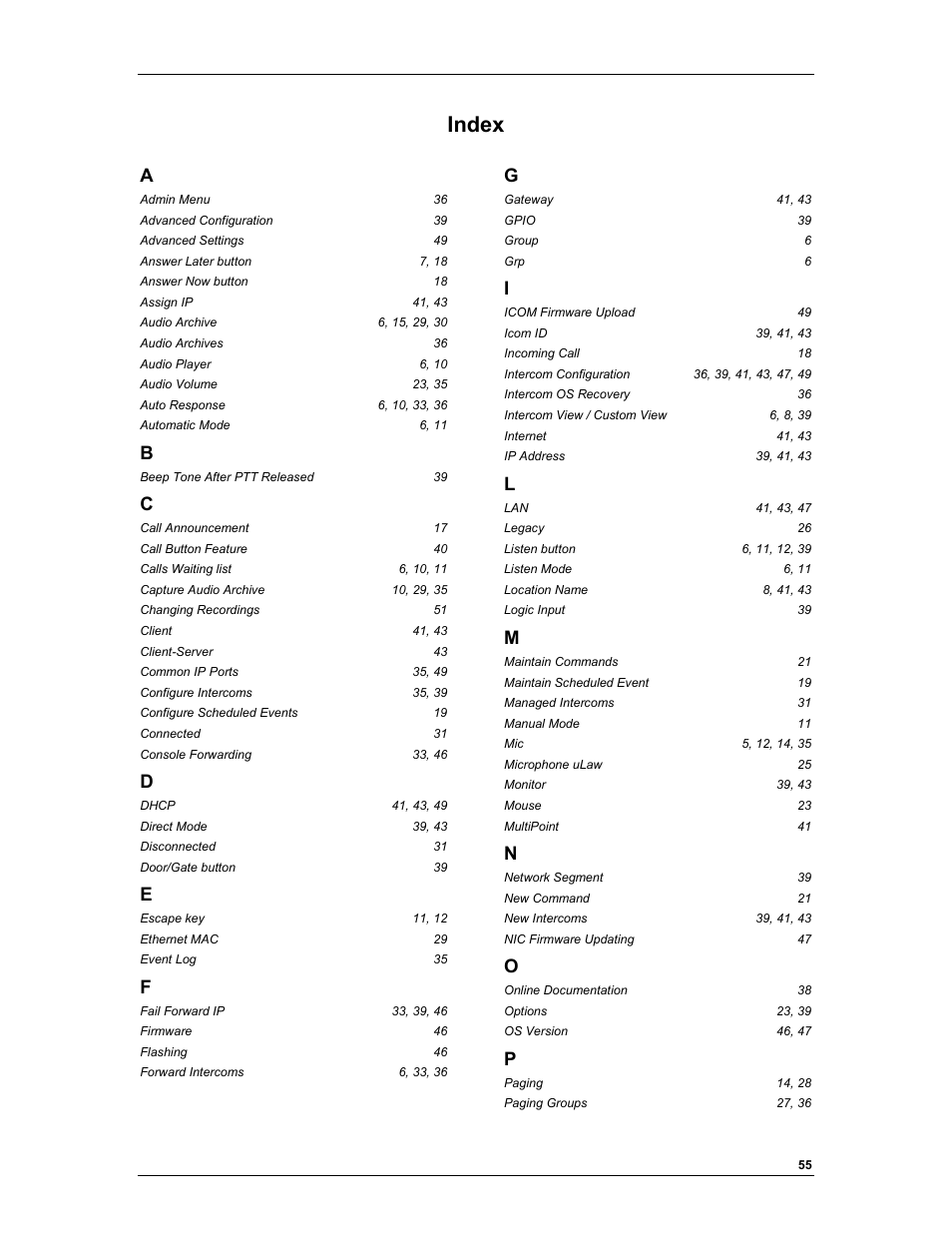 Index | Aiphone TALKMASTER IP EWST-POE User Manual | Page 59 / 60
