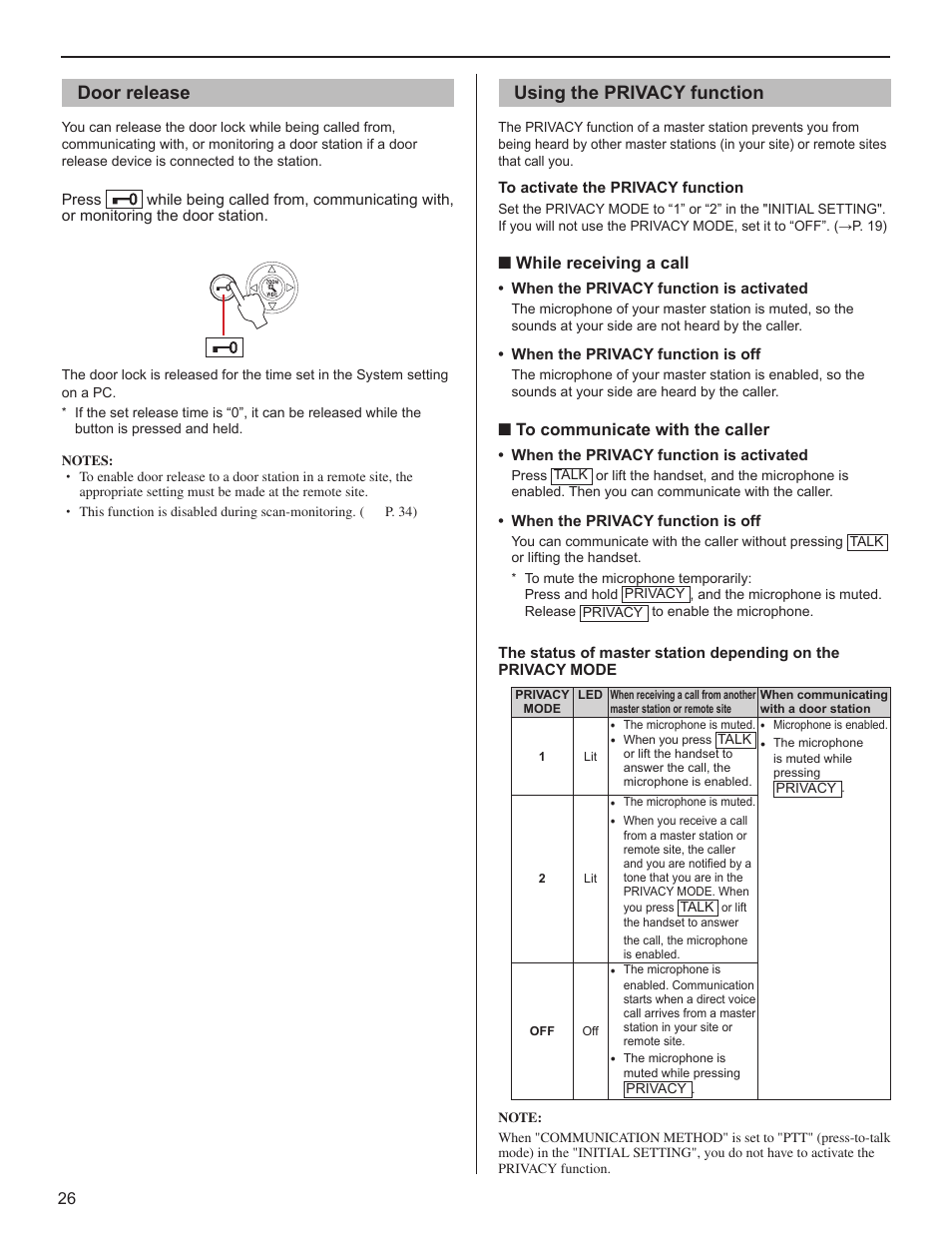 Door release, Using the privacy function | Aiphone FK1629 User Manual | Page 26 / 40