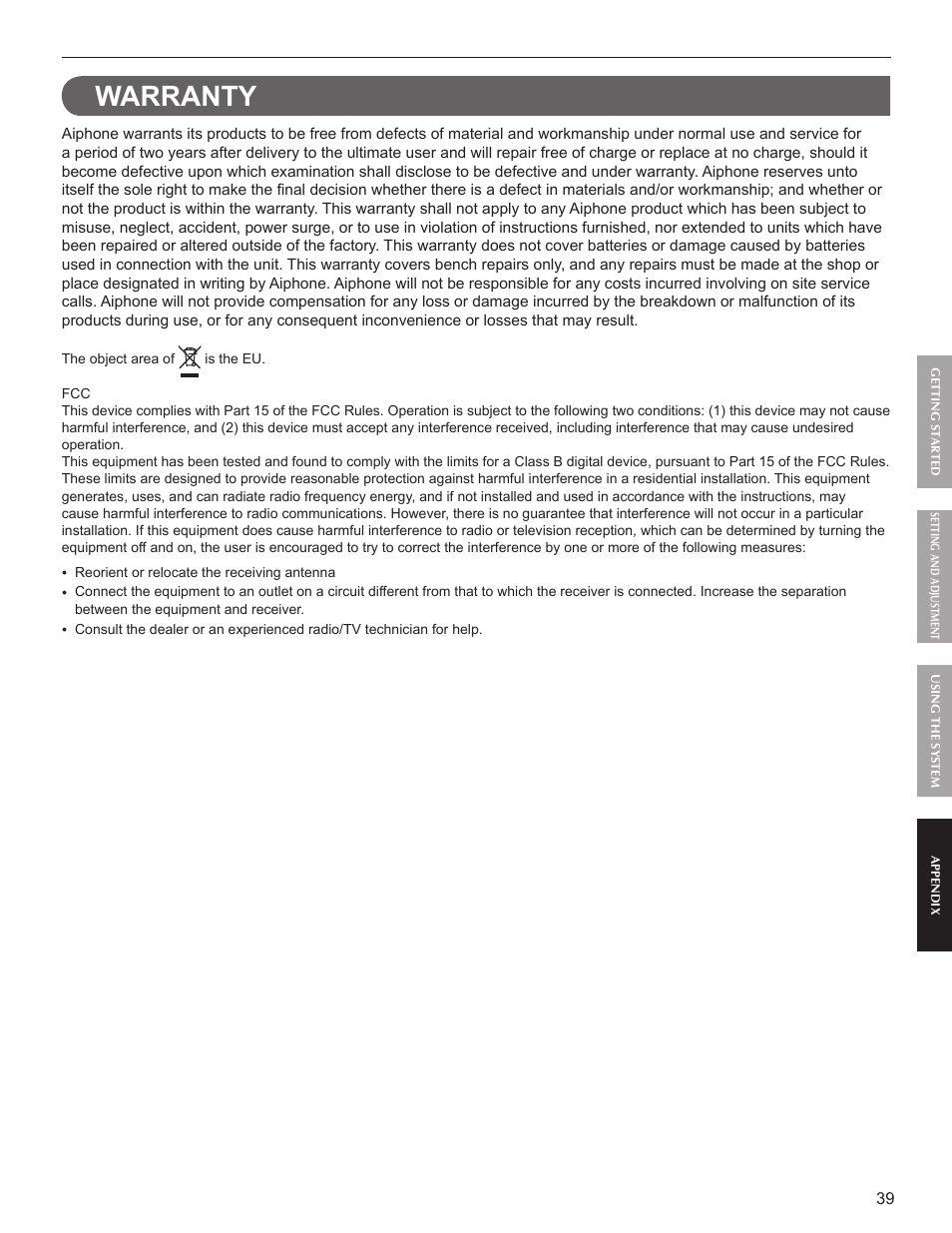 Warranty | Aiphone FK1629 User Manual | Page 39 / 40