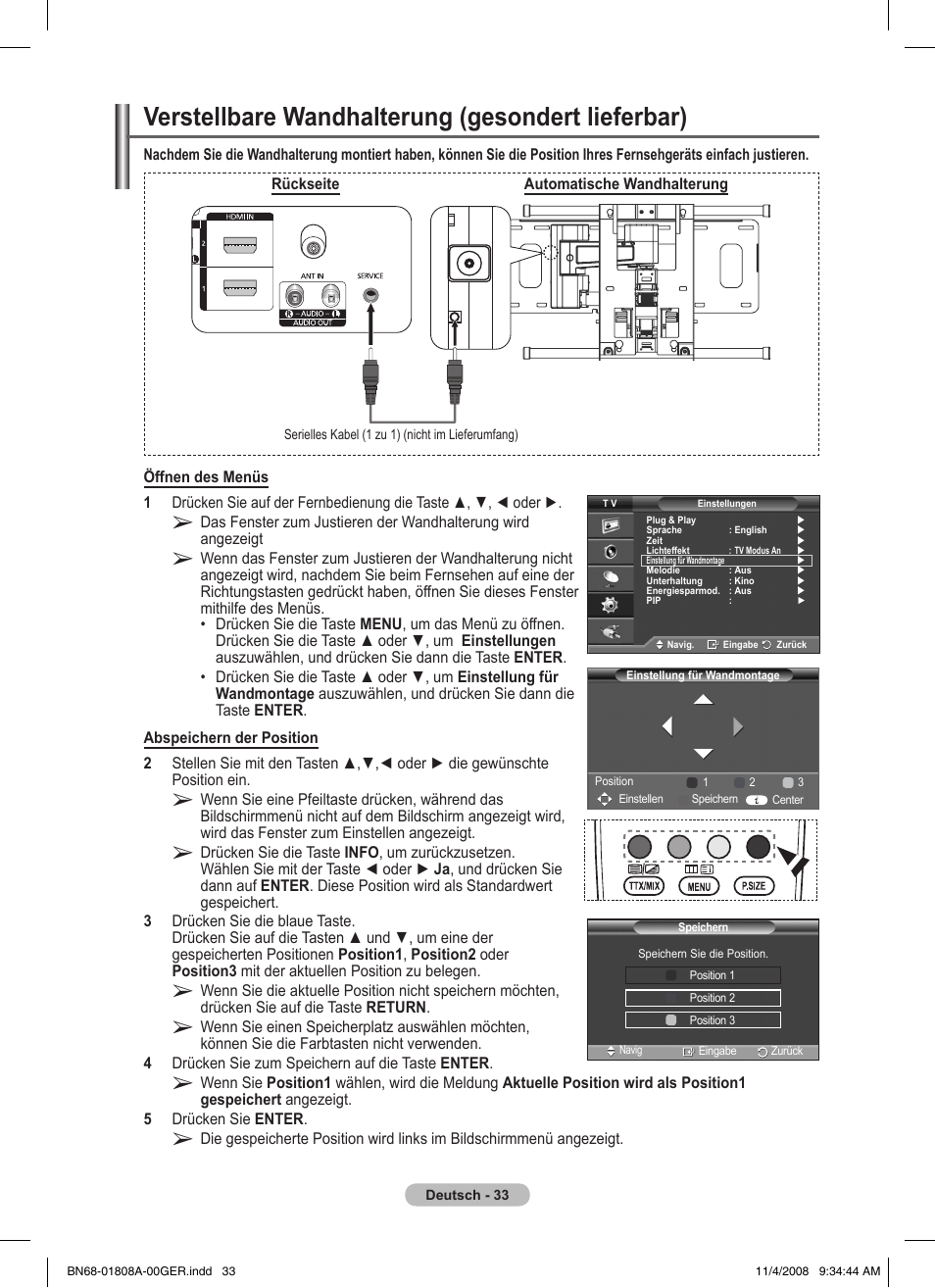 Verstellbare wandhalterung (gesondert lieferbar) | Samsung PS50A410C1 User Manual | Page 108 / 455