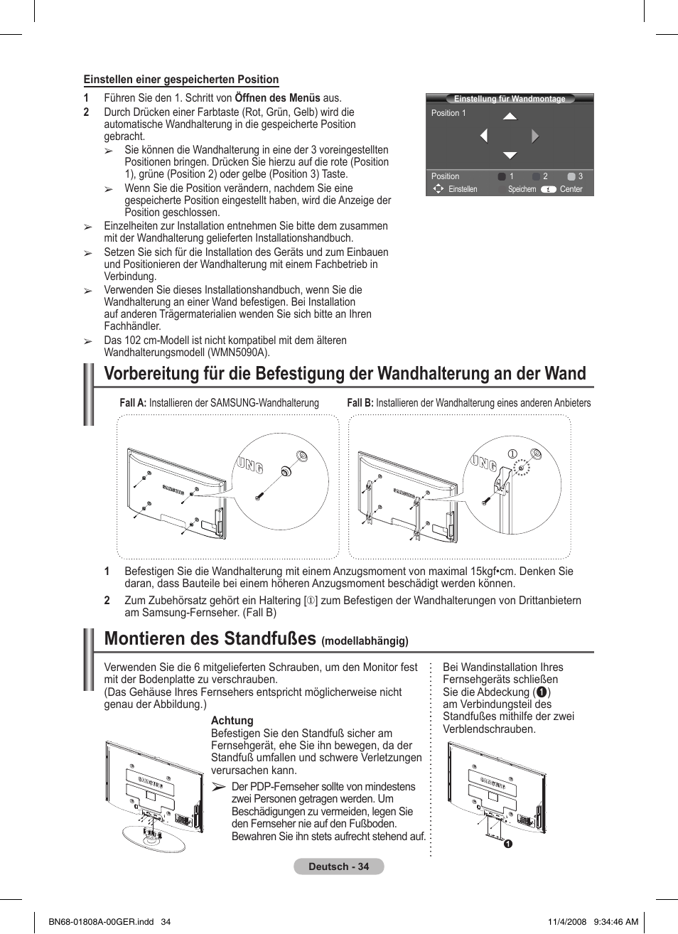 Montieren des standfußes | Samsung PS50A410C1 User Manual | Page 109 / 455