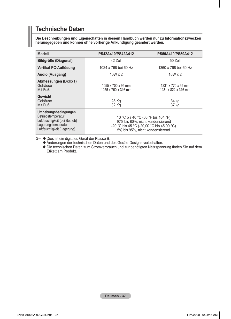 Technische daten | Samsung PS50A410C1 User Manual | Page 112 / 455