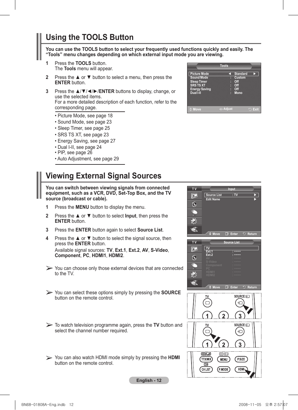Using the tools button, Viewing external signal sources | Samsung PS50A410C1 User Manual | Page 12 / 455