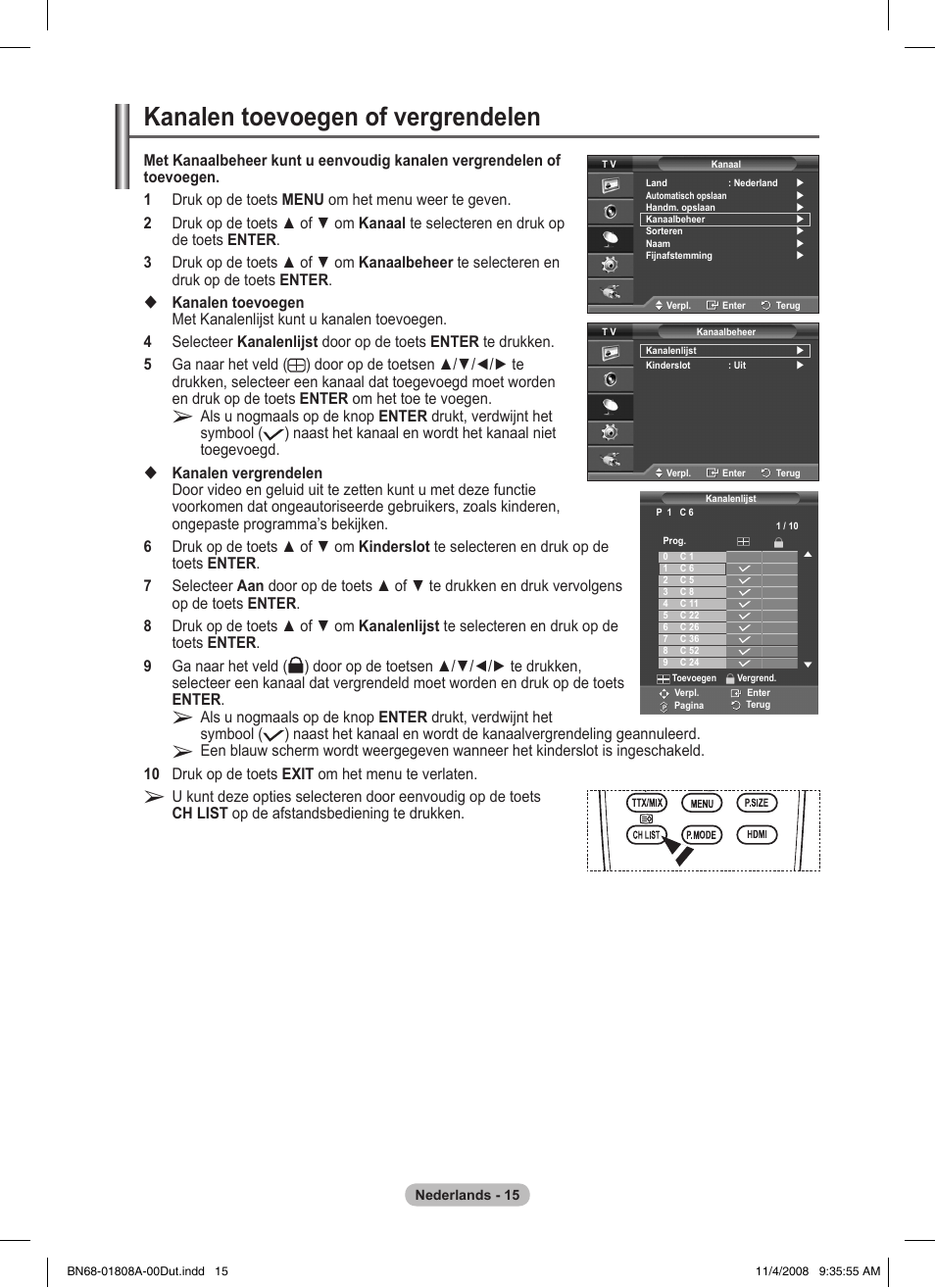 Kanalen toevoegen of vergrendelen | Samsung PS50A410C1 User Manual | Page 128 / 455