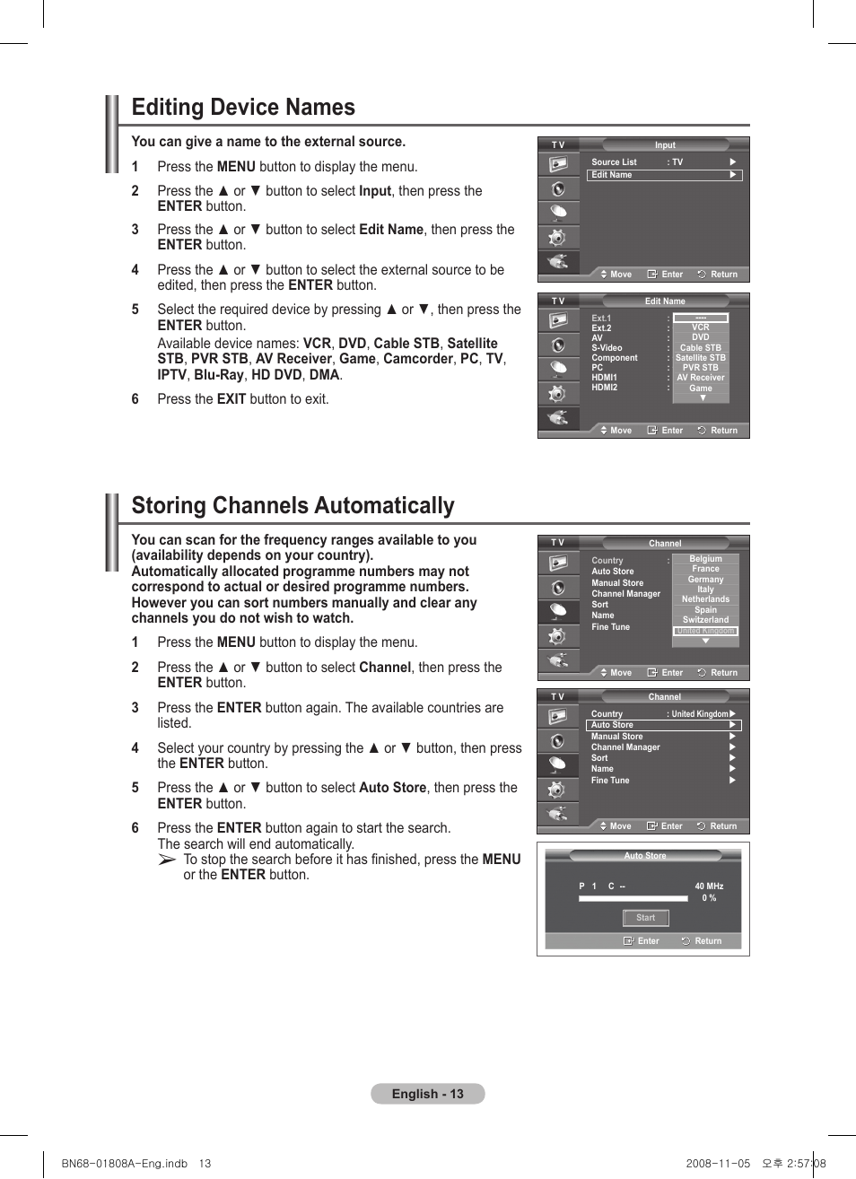 Editing device names, Storing channels automatically | Samsung PS50A410C1 User Manual | Page 13 / 455