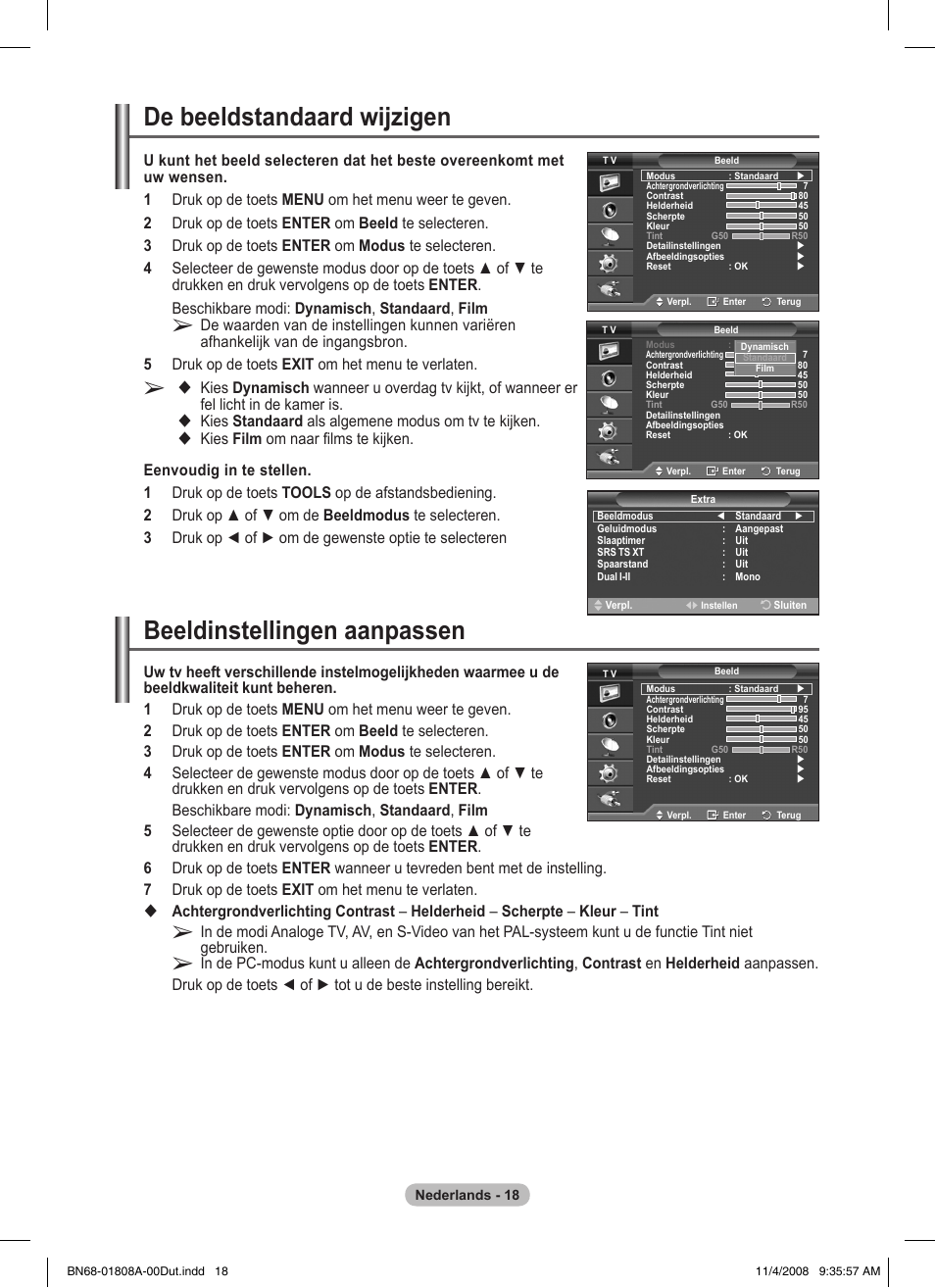 De beeldstandaard wijzigen, Beeldinstellingen aanpassen, Kies standaard als algemene modus om tv te kijken | Samsung PS50A410C1 User Manual | Page 131 / 455