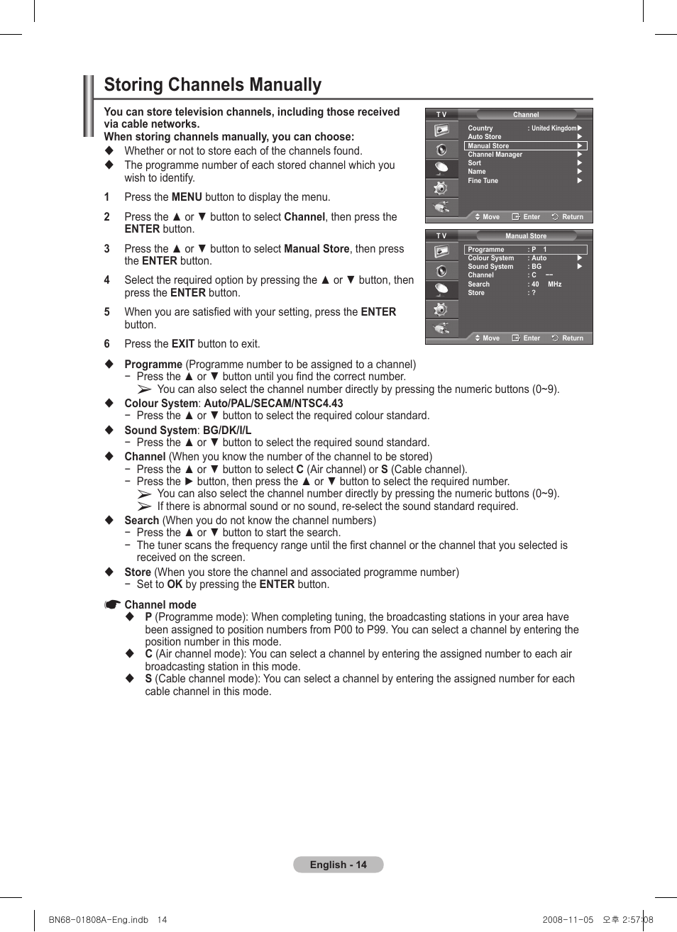 Storing channels manually | Samsung PS50A410C1 User Manual | Page 14 / 455