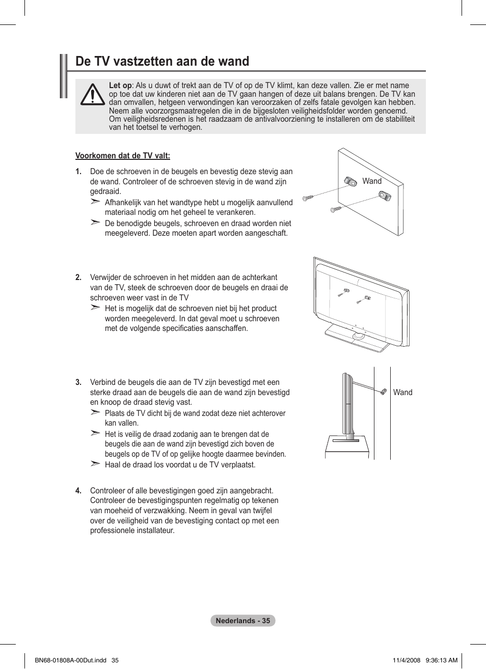 De tv vastzetten aan de wand | Samsung PS50A410C1 User Manual | Page 148 / 455