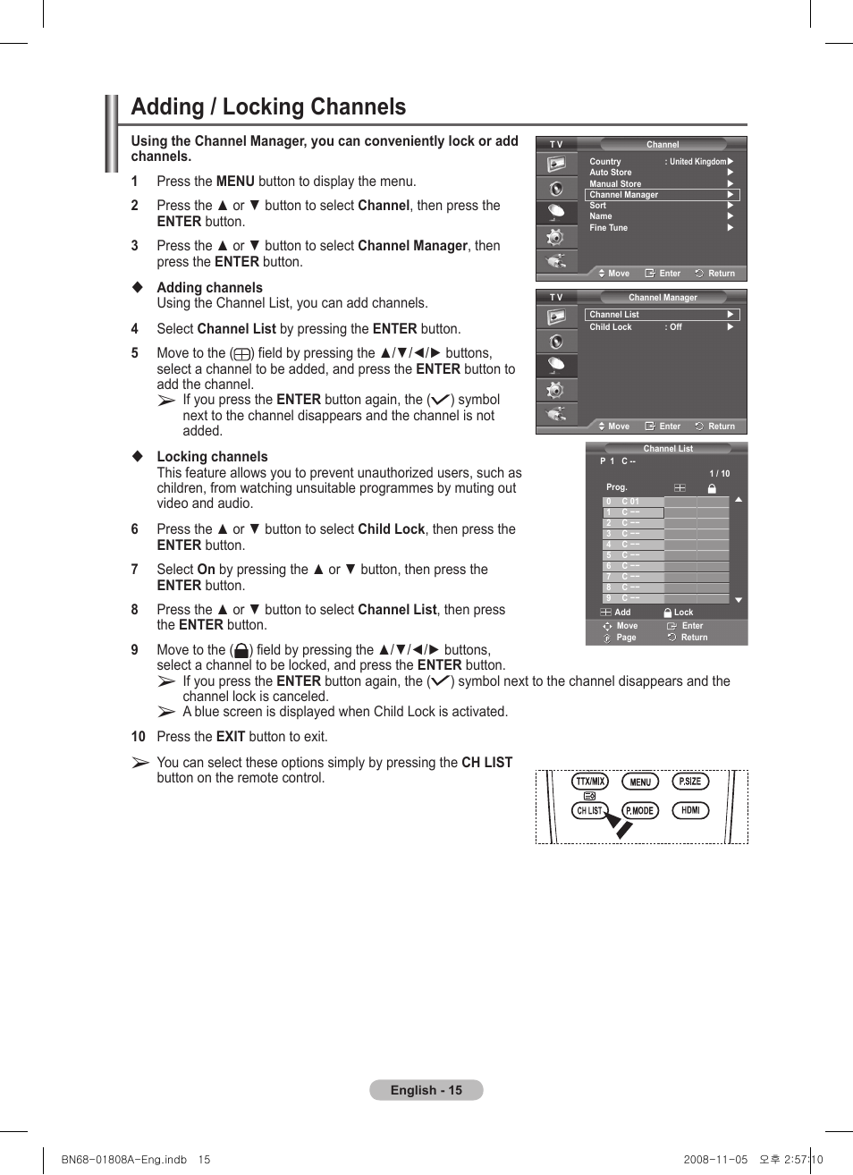 Adding / locking channels | Samsung PS50A410C1 User Manual | Page 15 / 455