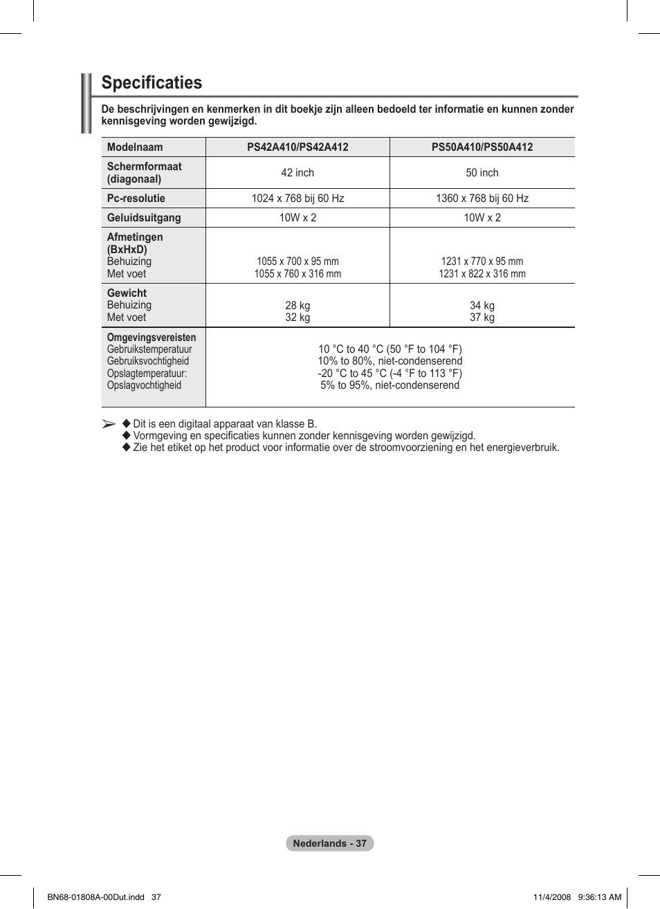 Specificaties | Samsung PS50A410C1 User Manual | Page 150 / 455