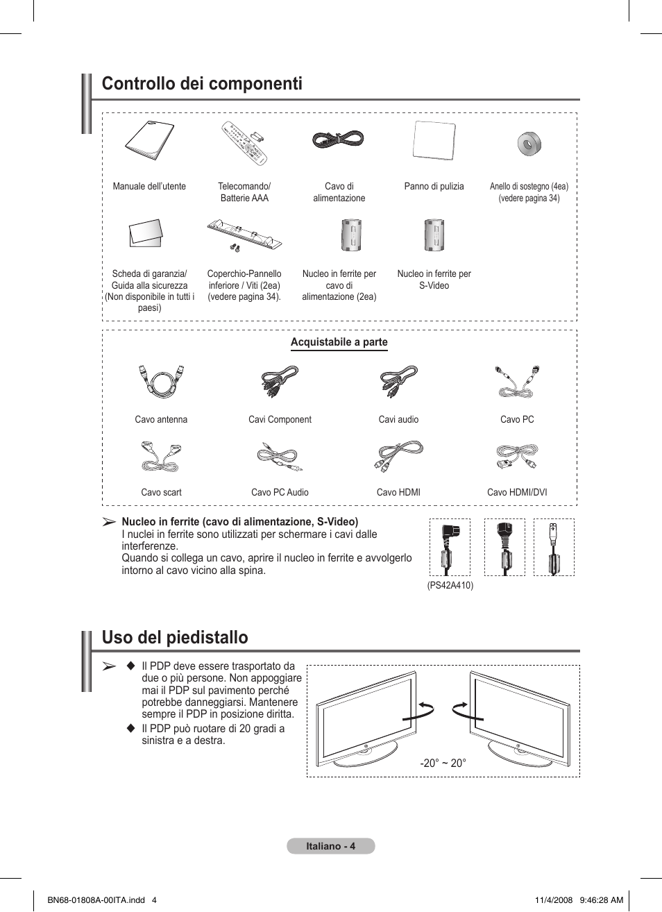 Uso del piedistallo, Controllo dei componenti | Samsung PS50A410C1 User Manual | Page 155 / 455