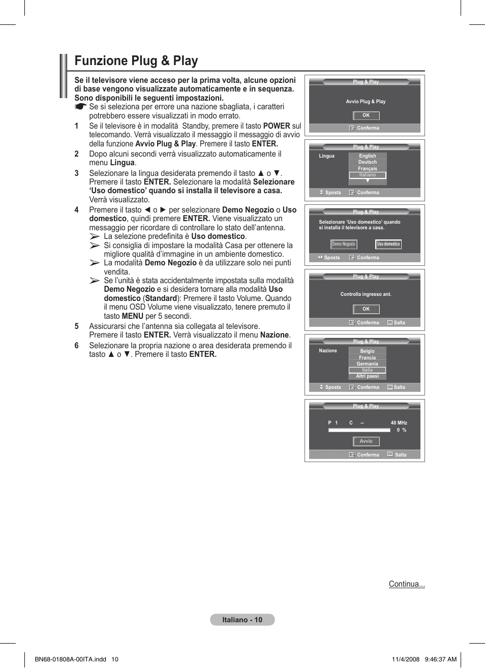 Funzione plug & play | Samsung PS50A410C1 User Manual | Page 161 / 455