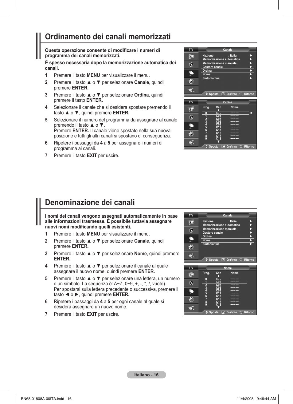 Denominazione dei canali | Samsung PS50A410C1 User Manual | Page 167 / 455