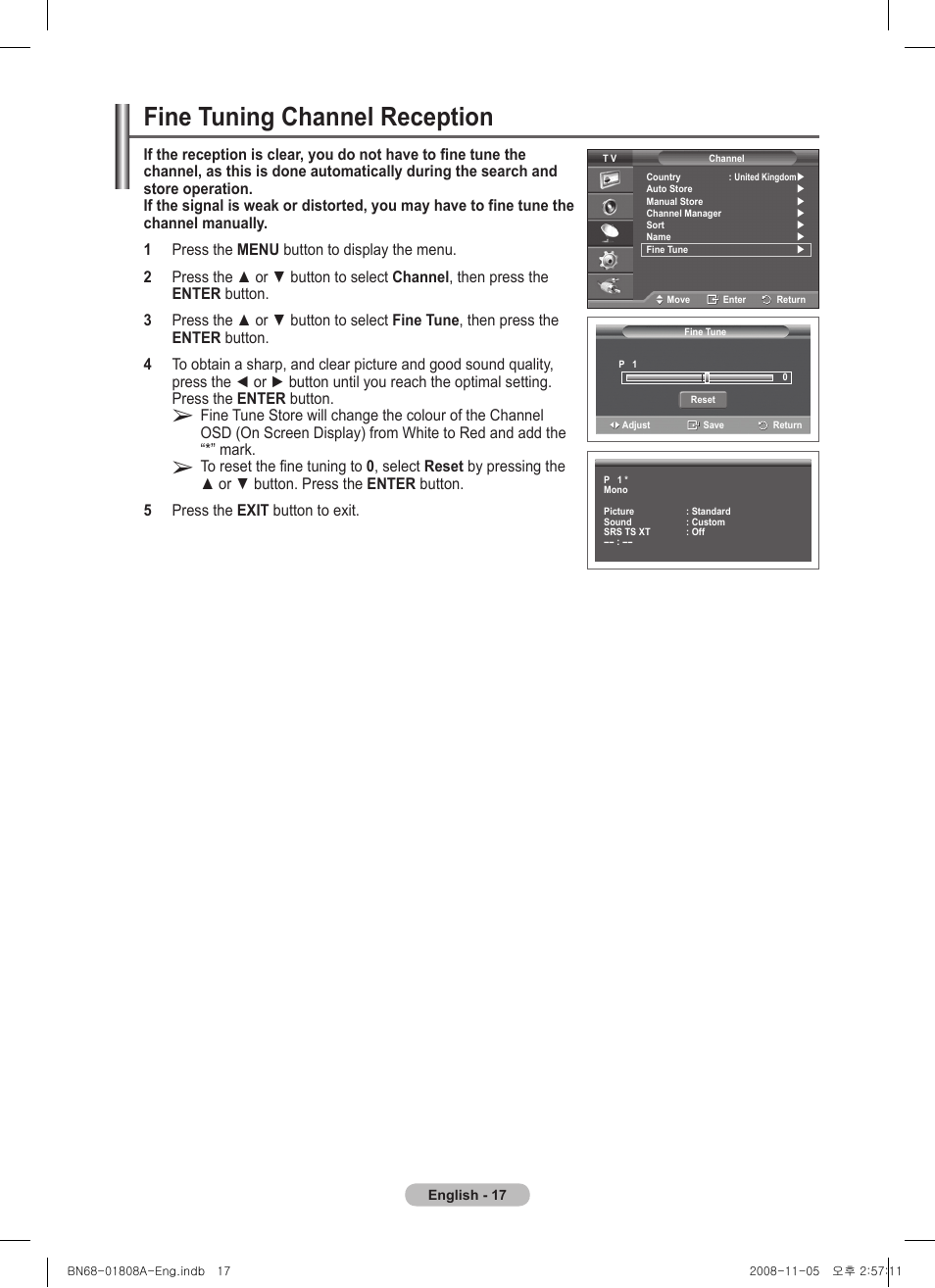 Fine tuning channel reception | Samsung PS50A410C1 User Manual | Page 17 / 455