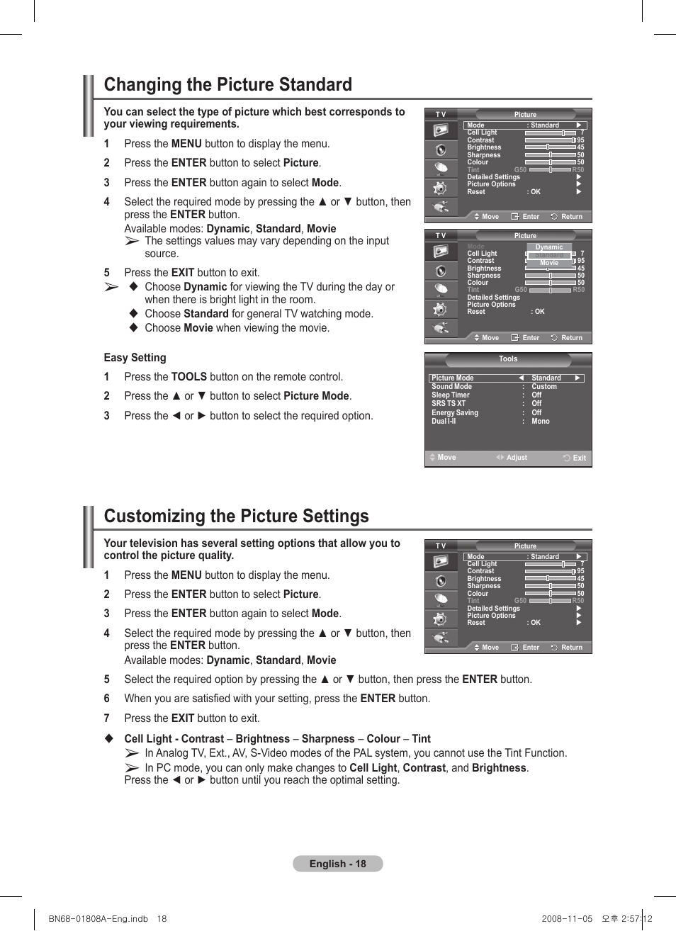 Changing the picture standard, Customizing the picture settings, Choose standard for general tv watching mode | Samsung PS50A410C1 User Manual | Page 18 / 455