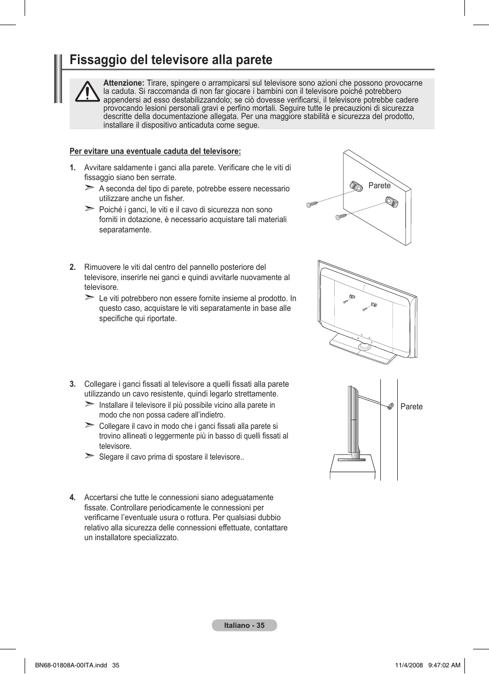 Fissaggio del televisore alla parete | Samsung PS50A410C1 User Manual | Page 186 / 455