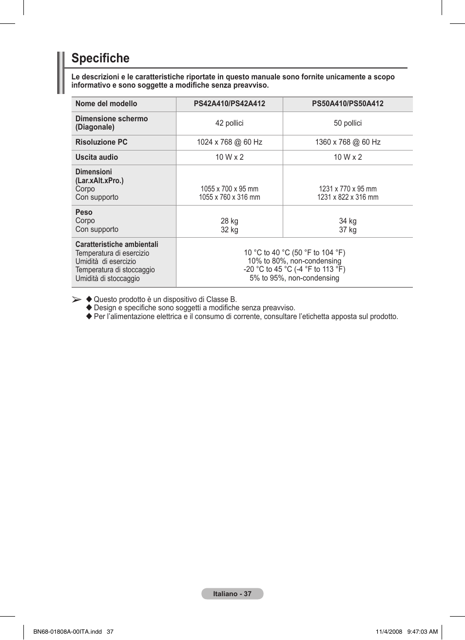 Specifiche | Samsung PS50A410C1 User Manual | Page 188 / 455