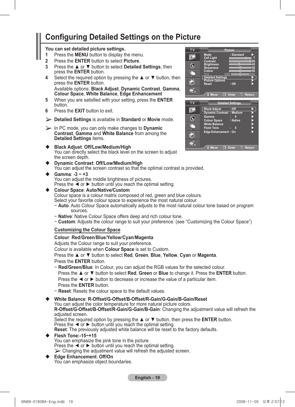 Configuring detailed settings on the picture | Samsung PS50A410C1 User Manual | Page 19 / 455