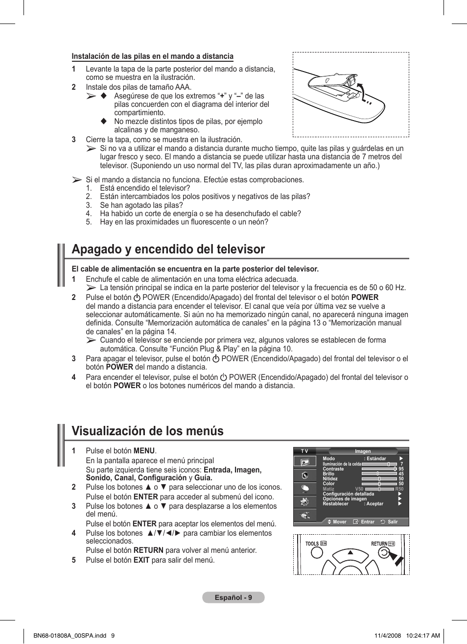 Apagado y encendido del televisor, Visualización de los menús | Samsung PS50A410C1 User Manual | Page 198 / 455